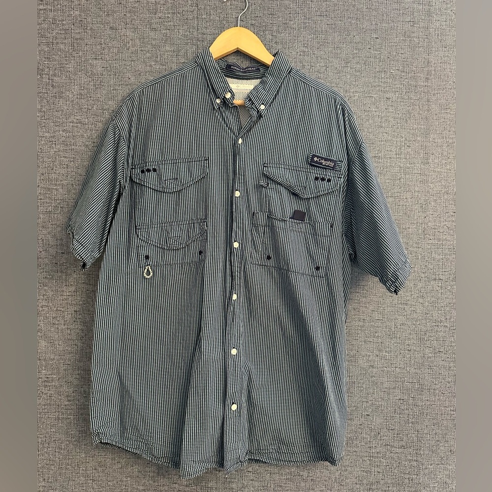 Columbia Men's Green and Blue Gingham PFG Fishing Shirt Size Large